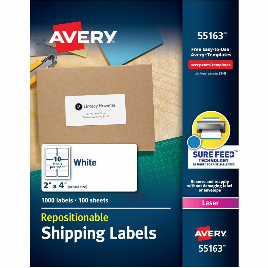 Avery&reg; Repositionable Shipping Labels, Sure Feed&reg; Technology, Repositionable Adhesive, 2" x 4" , 1,000 Labels (55163)