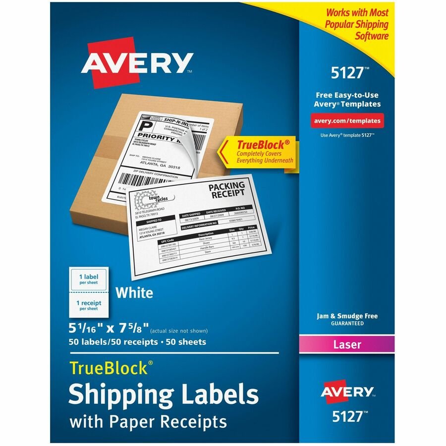 Avery&reg; Shipping Labels w/ Paper Receipts, TrueBlock&reg; Technology, Permanent Adhesive, 5-1/16" x 7-5/8" , 50 Labels (5127)