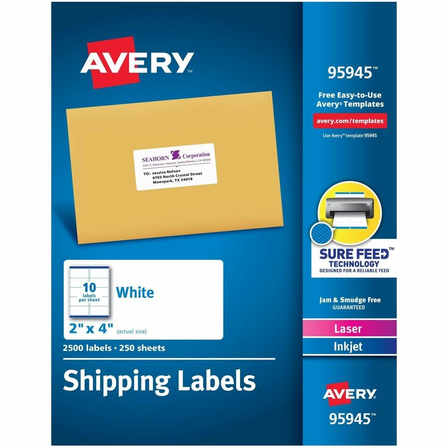 Avery&reg; Shipping Labels, Sure Feed&reg; Technology, Permanent Adhesive, 2" x 4" , 2,500 Labels (95945)